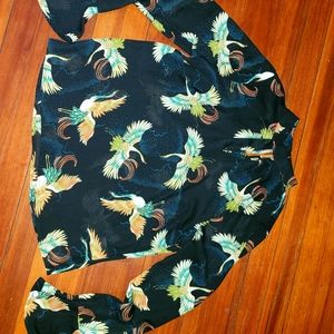 Bird print blouse mock turtleneck